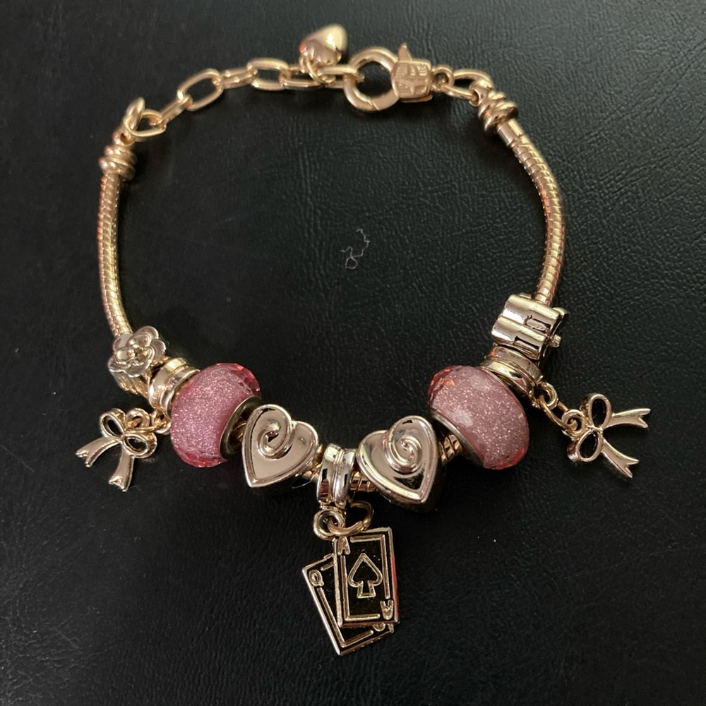 Pink Beaded Hearts & Spades Chain Bracelet For Girls